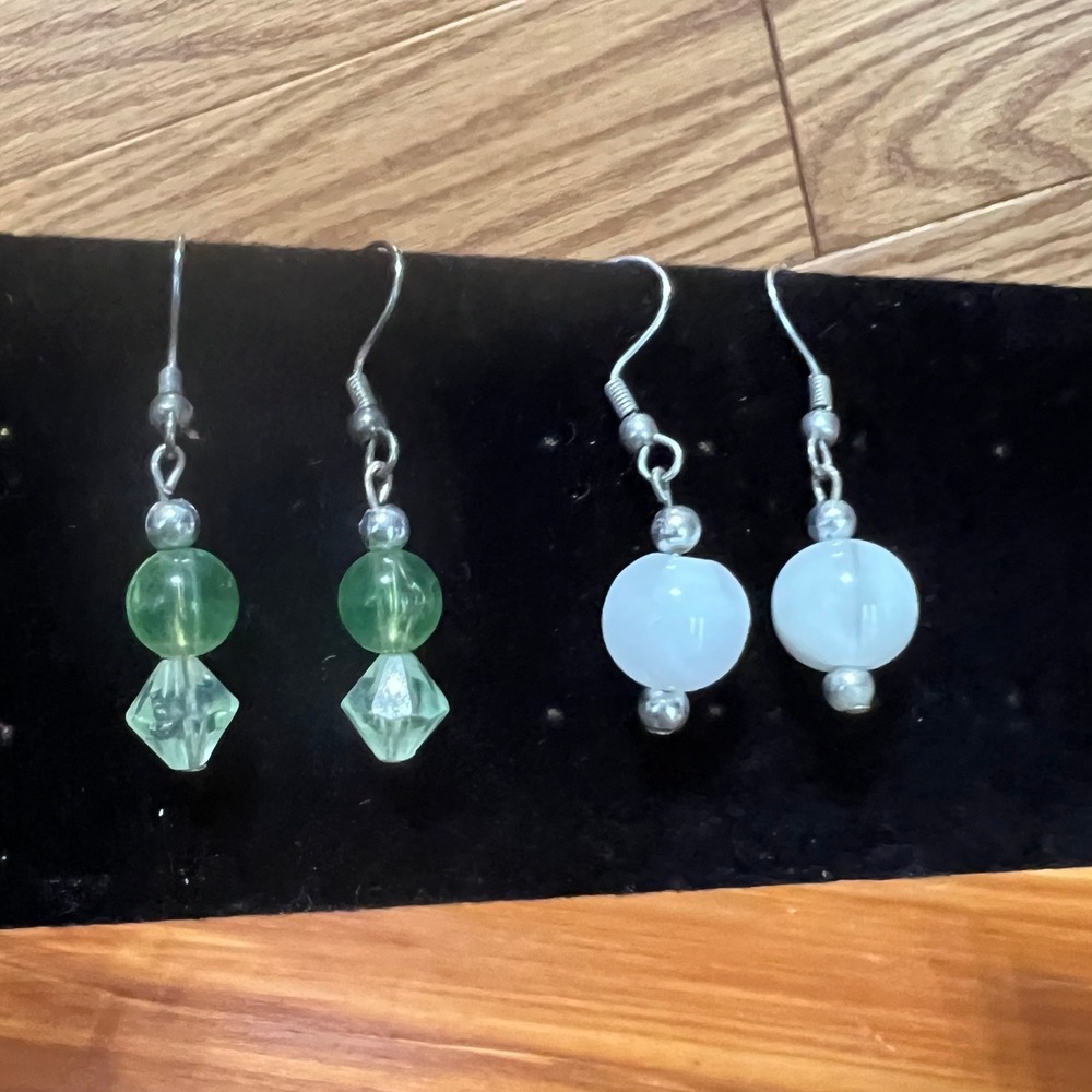 Vintage Dangle Drop Earrings‎ Green Blue Beaded Handmade Silver Tone Boho